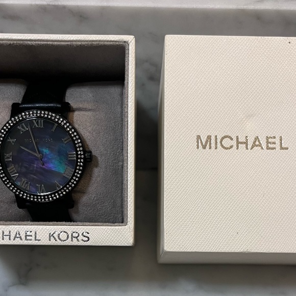 Michael Kors Black watch with mother of Pearl face and rhinestones. main image 6